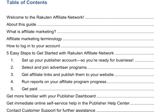 Affiliate Marketing Rakuten Quick Start Guide Table Of Contents