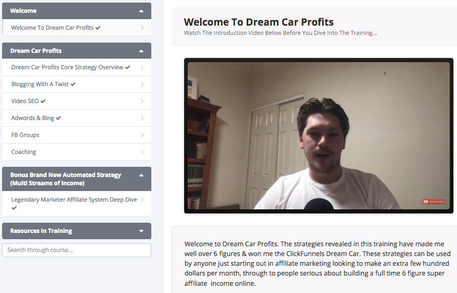 Affiliate Marketing Dream Car Profits Overview Page